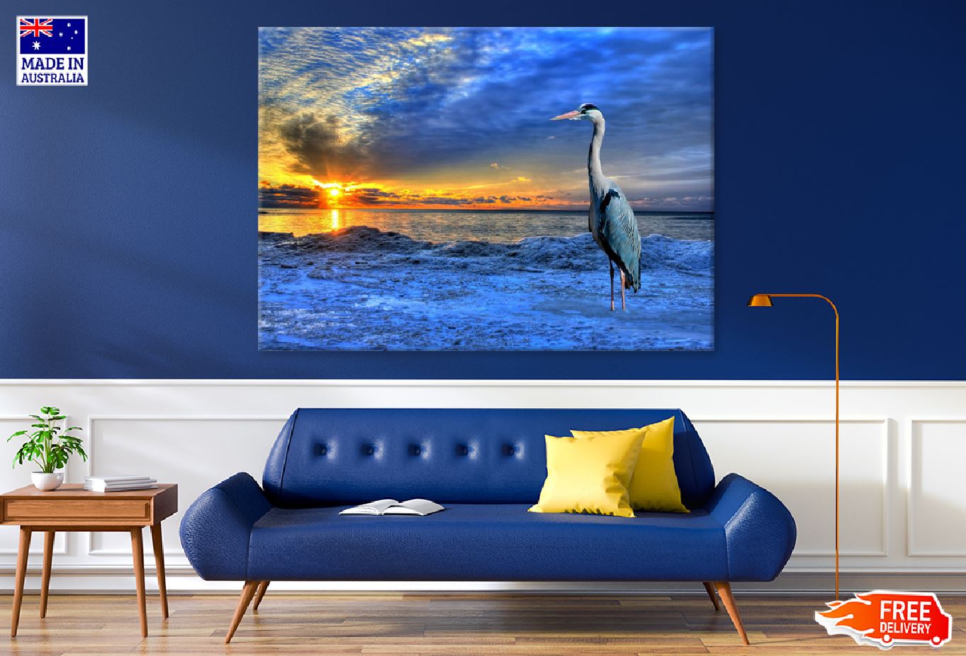 Heron on Sunset Blue Sea View Photograph Print 100% Australian Made