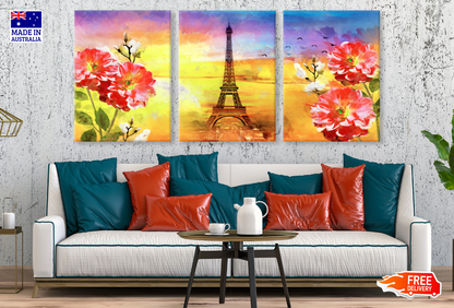 3 Set of Eiffel Tower & Flowers Art High Quality print 100% Australian made wall Canvas ready to hang