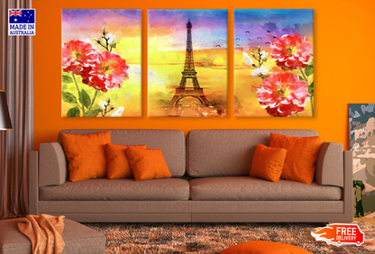 3 Set of Eiffel Tower & Flowers Art High Quality print 100% Australian made wall Canvas ready to hang