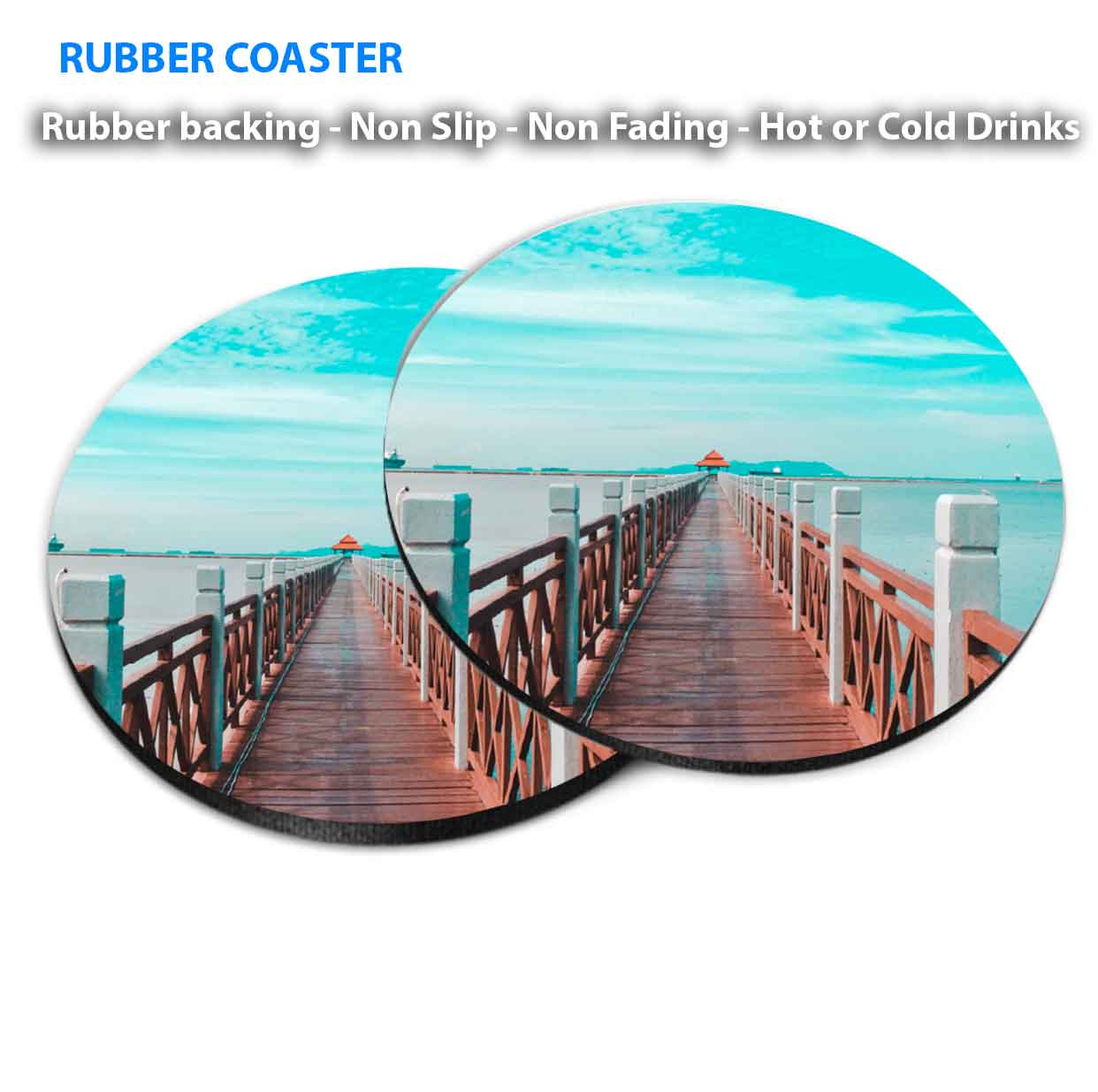 Wooden Bridge Rocky Seashore Blue Sky Coasters Wood & Rubber - Set of 6 Coasters