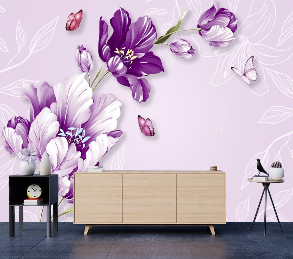 Wallpaper Murals Peel and Stick Removable Purple Floral & Butterfly Design High Quality