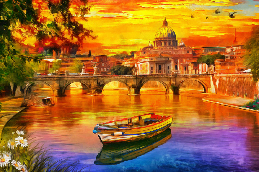 Tiber River with Boat Watercolor Painting Print 100% Australian Made