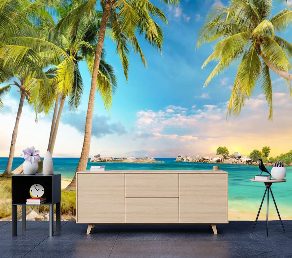 Wallpaper Murals Peel and Stick Removable Palm Trees & Beach View High Quality