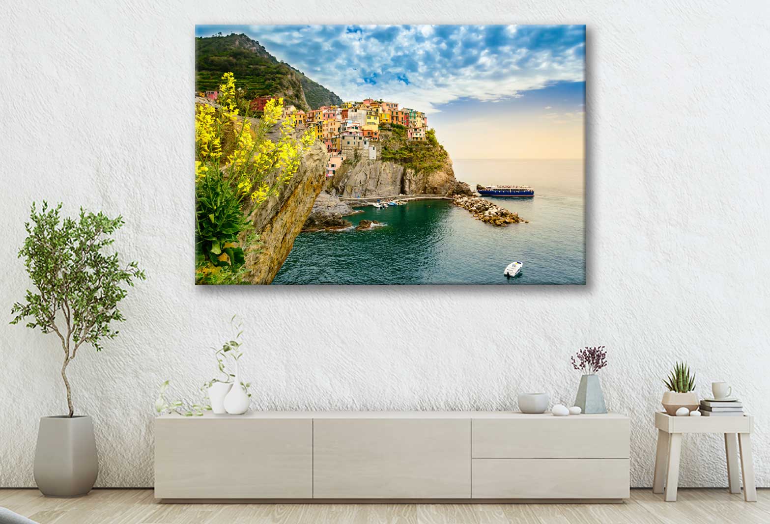 Bella Home Colorful Village on a Cliff & Sea Print Canvas Ready to hang