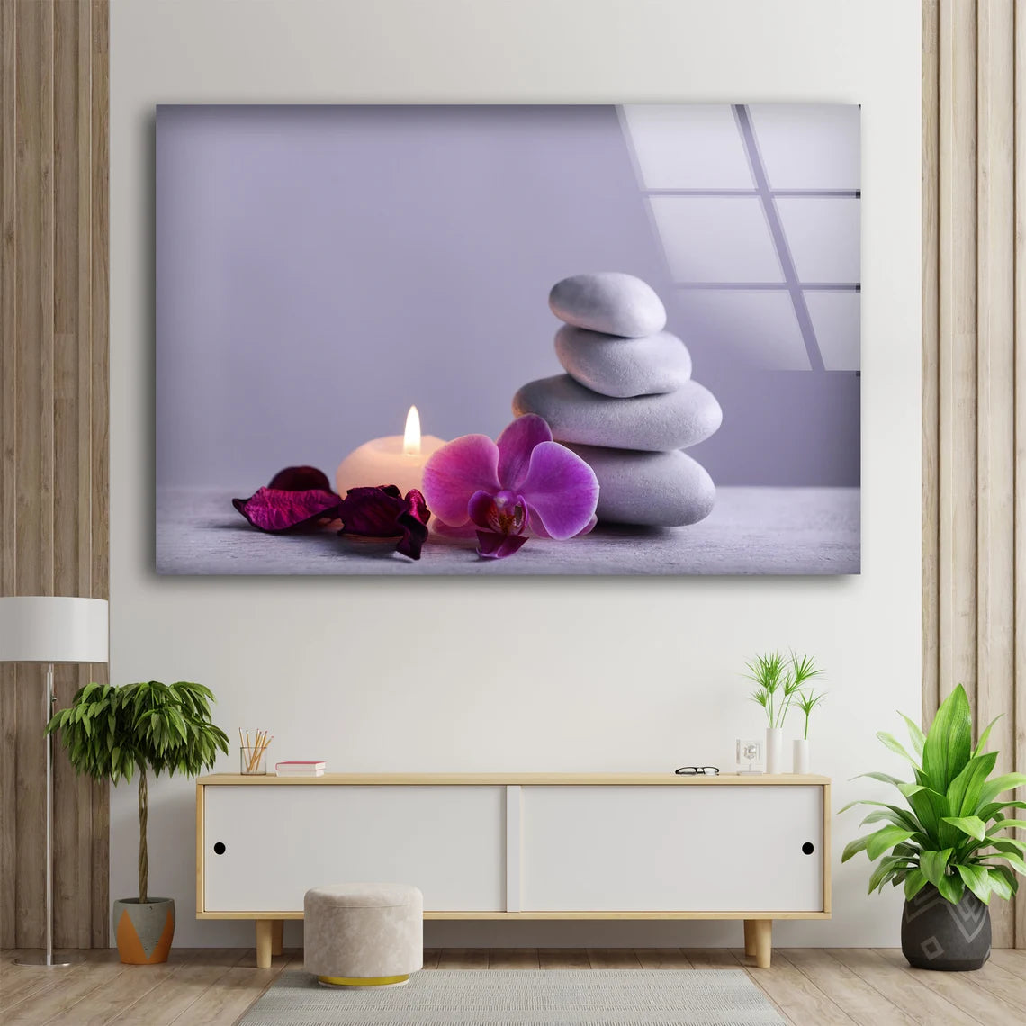 Candle Pink Flowers & Zen Stones Photograph Acrylic Glass Print Tempered Glass Wall Art 100% Made in Australia Ready to Hang