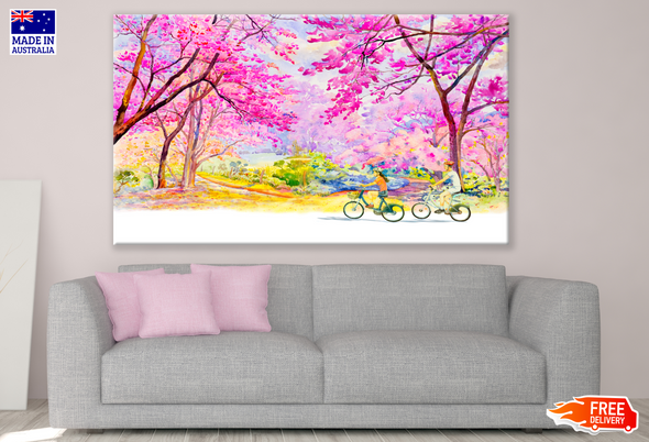Cherry Tree Road Side Riding Bicycles Painting Print 100% Australian Made