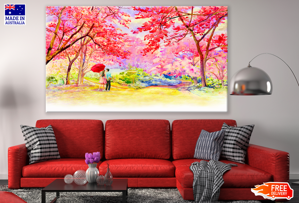 Couple Near Red Flower Tree Forest Painting Print 100% Australian Made