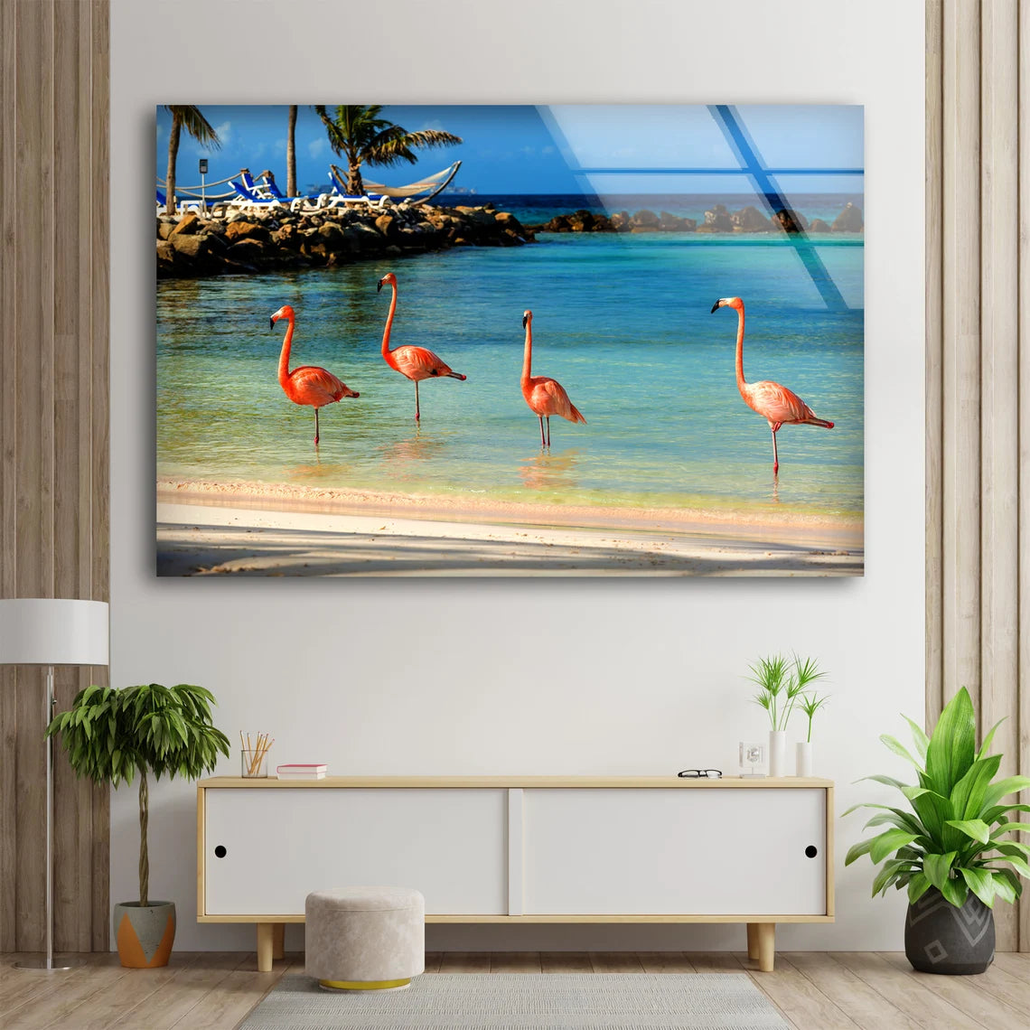 Flamingos on Sea Photograph Acrylic Glass Print Tempered Glass Wall Art 100% Made in Australia Ready to Hang