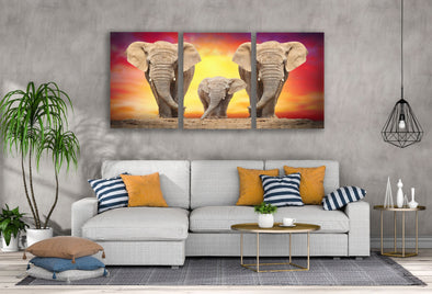3 Set of Elephants Family Walking at Sunset Photograph High Quality Print 100% Australian Made Wall Canvas Ready to Hang