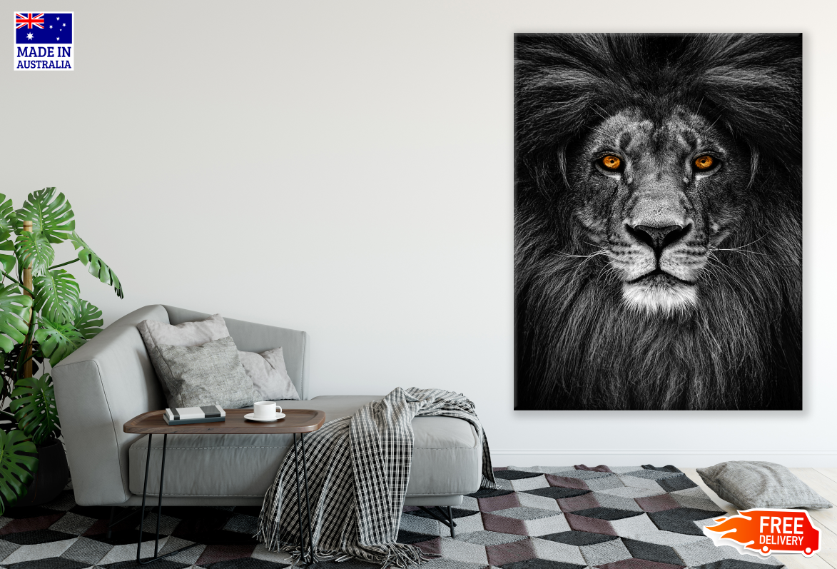 Lion Portrait B&W Orange Eyes Print 100% Australian Made