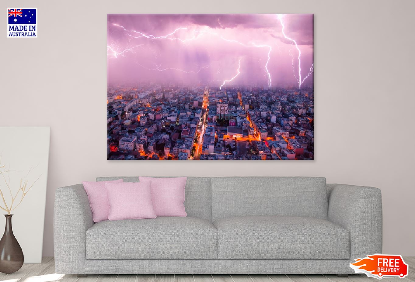 Lightning Thunderstorm Over City Photograph Print 100% Australian Made