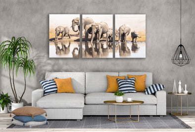 3 Set of Elephants Near Waterhole Photograph High Quality Print 100% Australian Made Wall Canvas Ready to Hang