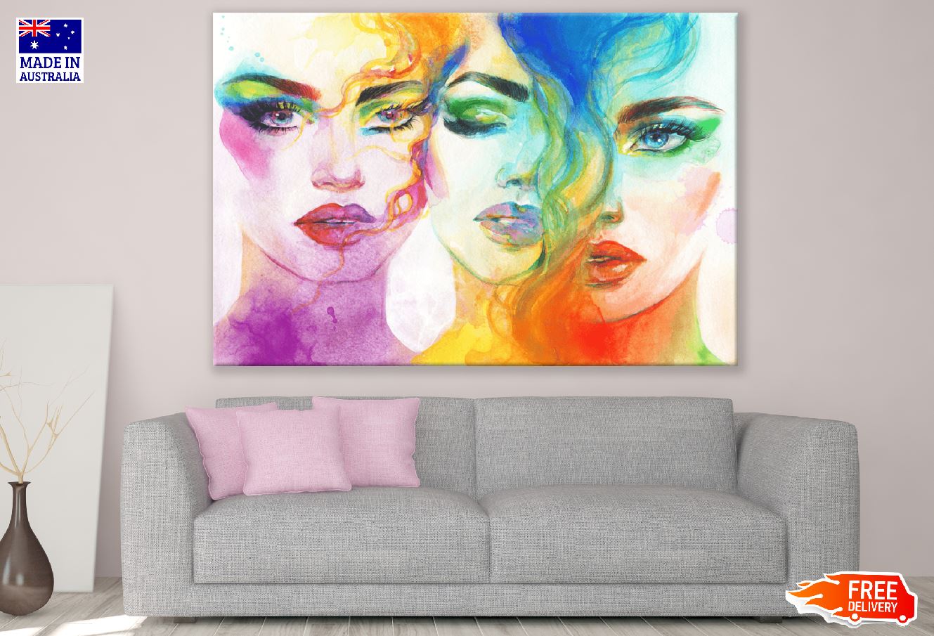 Makeup Faces Collage Abstract Watercolor Painting Print 100% Australian Made