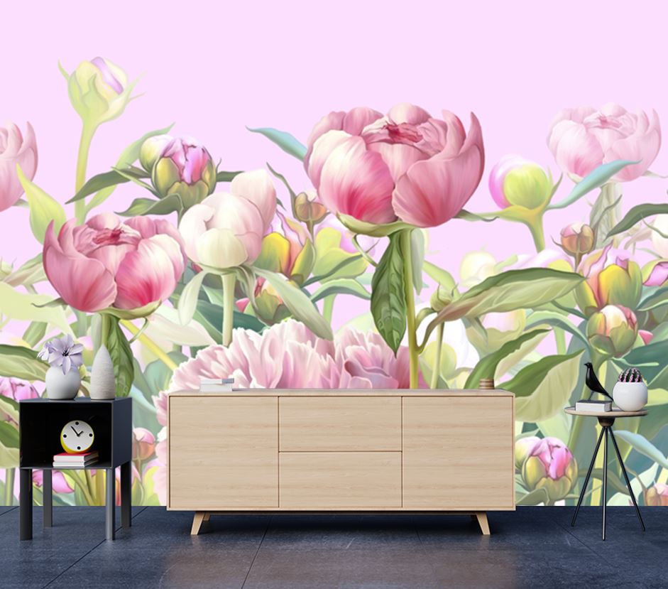 Wallpaper Murals Peel and Stick Removable Pink Peonies Watercolor Painting Design High Quality