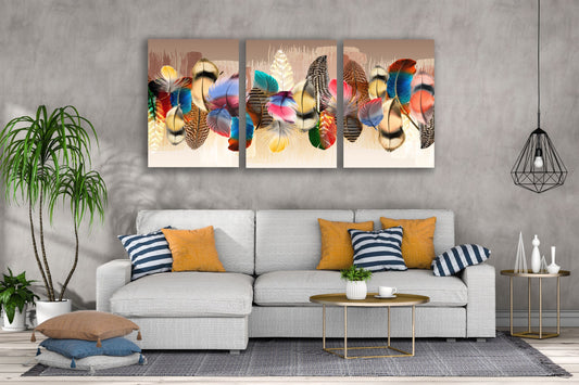 3 Set of Colorful Feathers Watercolor Painting High Quality Print 100% Australian Made Wall Canvas Ready to Hang