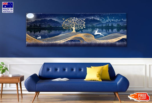 Panoramic Canvas Golden Tree & Running Deers Abstract Design High Quality 100% Australian Made Wall Canvas Print Ready to Hang