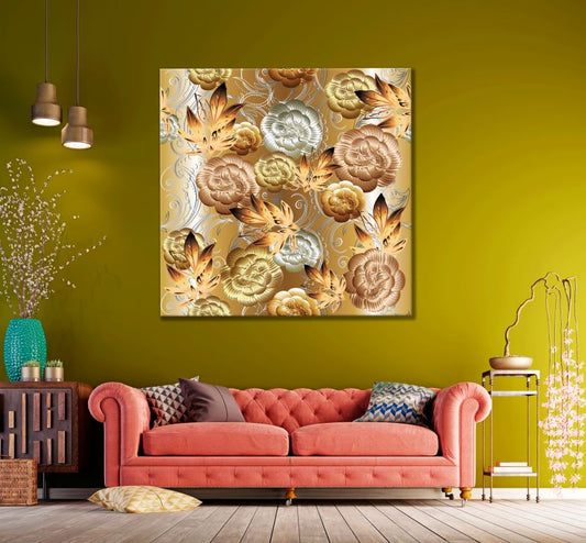 Square Canvas Gold Flower Bunch Design High Quality Print 100% Australian Made