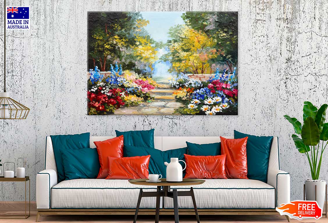 Colorful Flowers & Trees Garden Painting Print 100% Australian Made