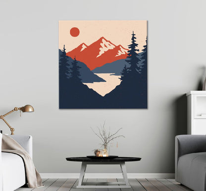 Square Canvas Sun with Mountain Lake Vector Art High Quality Print 100% Australian Made