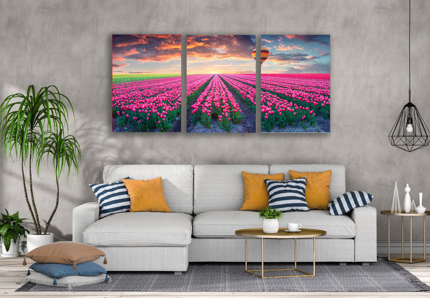 3 Set of Pink Tulip Flowers Field & Hot Air Balloon Photograph High Quality Print 100% Australian Made Wall Canvas Ready to Hang