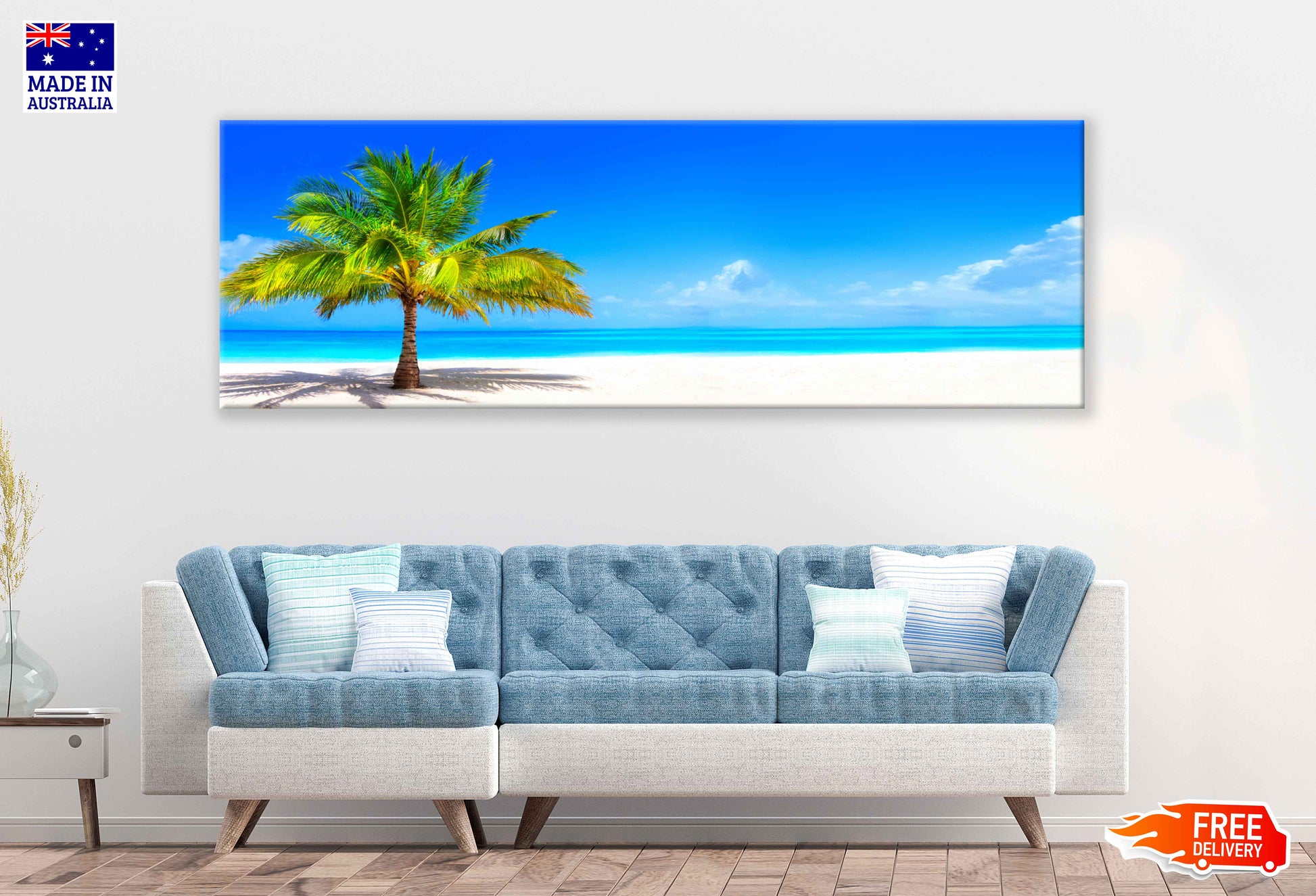 Panoramic Canvas Palm Tree & Sand Sea View Photograph High Quality 100% Australian Made Wall Canvas Print Ready to Hang