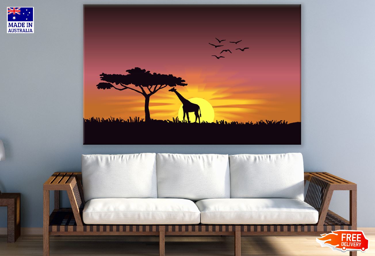 Giraffe in Grass Field Sunset Photograph Print 100% Australian Made