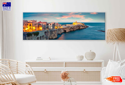 Panoramic Canvas Coastal Vieste Town & Cloudy Sky Photograph High Quality 100% Australian Made Wall Canvas Print Ready to Hang