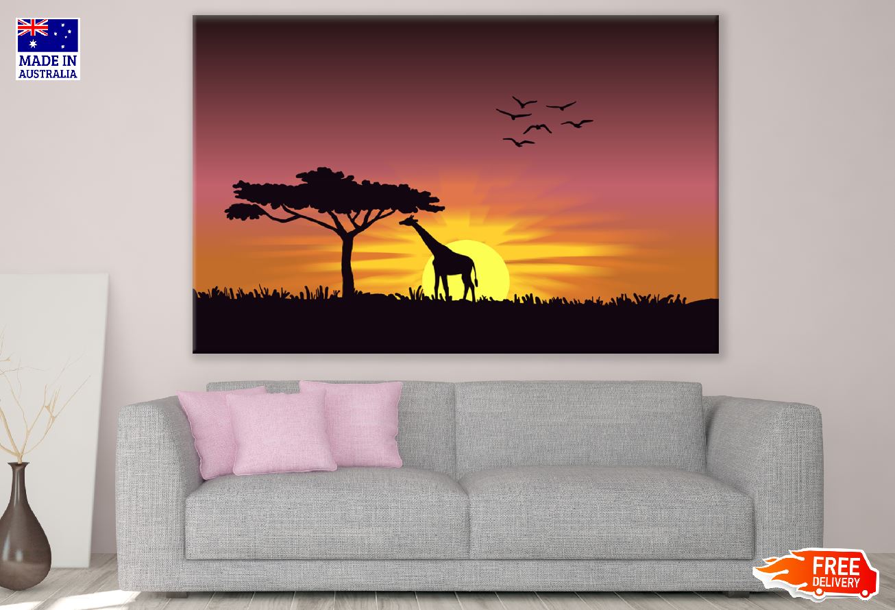 Giraffe in Grass Field Sunset Photograph Print 100% Australian Made