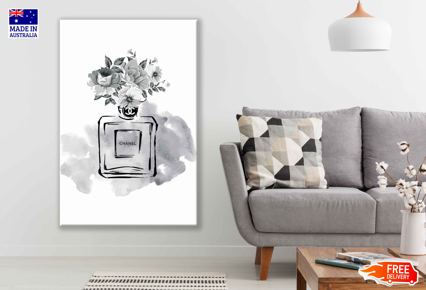 Perfume Bottle & Flowers B&W Watercolor Painting Print 100% Australian Made