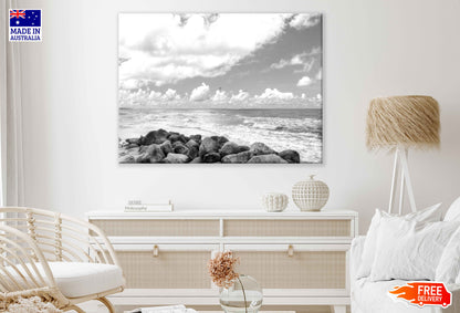 Rocky Sea with Cloudy Sky B&W Photograph Print 100% Australian Made