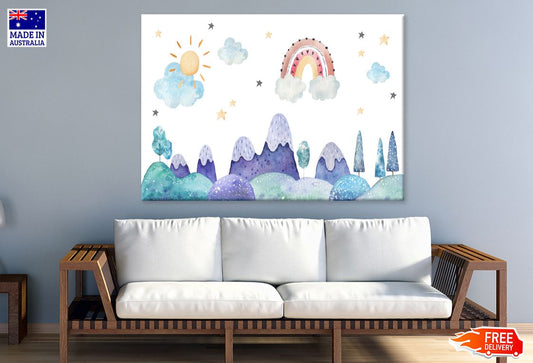 Mountains Sky & Sun with Stars Watercolor Painting Nursery & Kids Print 100% Australian Made