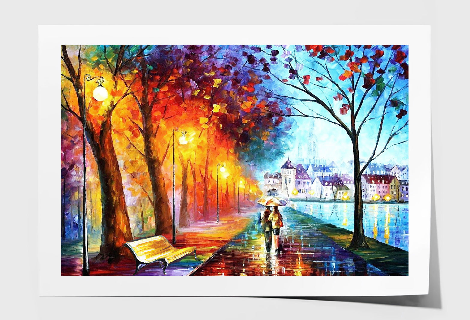 Afremov City Couple near River Trees Park Painting Wall Art Limited Edition High Quality Print Unframed Roll Canvas None