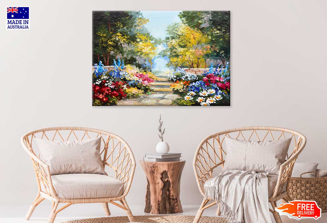 Colorful Flowers & Trees Garden Painting Print 100% Australian Made