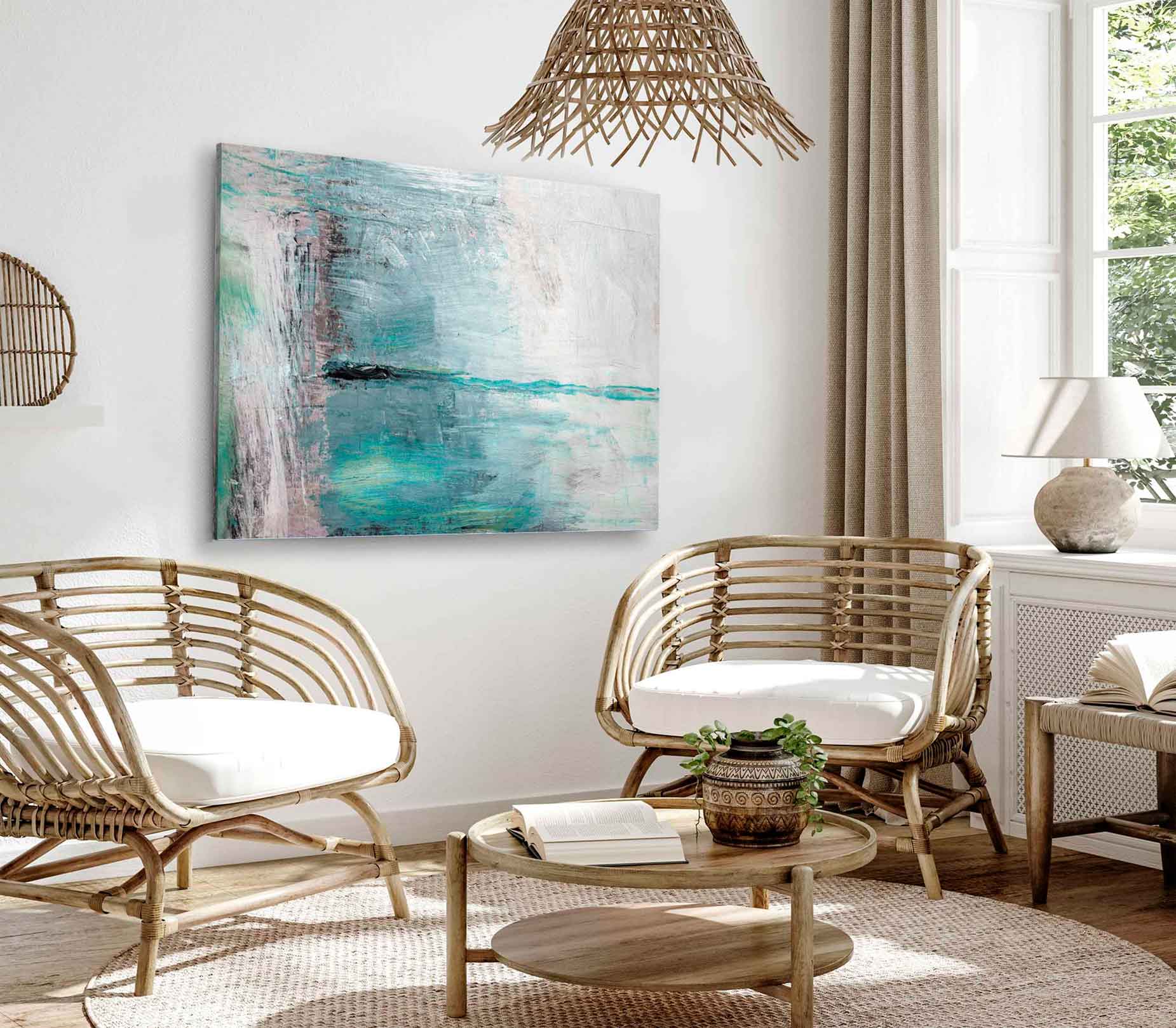 Bella Home Light Blue Abstract Painting Print Canvas Ready to hang