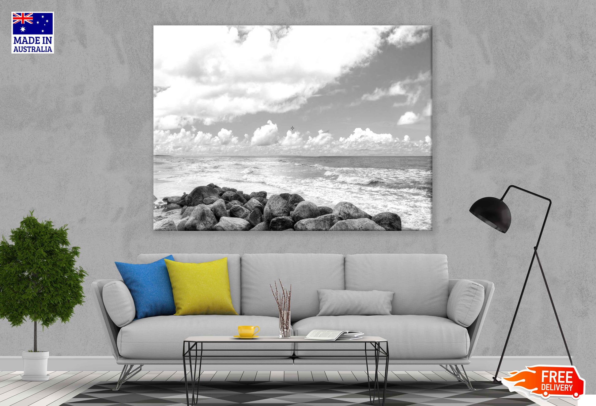 Rocky Sea with Cloudy Sky B&W Photograph Print 100% Australian Made