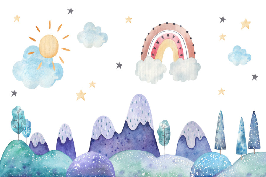 Mountains Sky & Sun with Stars Watercolor Painting Nursery & Kids Print 100% Australian Made