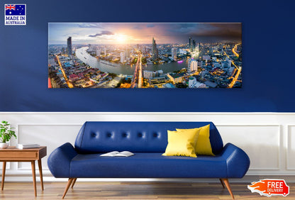 Panoramic Canvas Bangkok Downtown Aerial Sunset View High Quality 100% Australian Made Wall Canvas Print Ready to Hang