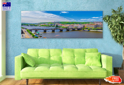 Panoramic Canvas Prague City & Bridge View Photograph High Quality 100% Australian Made Wall Canvas Print Ready to Hang