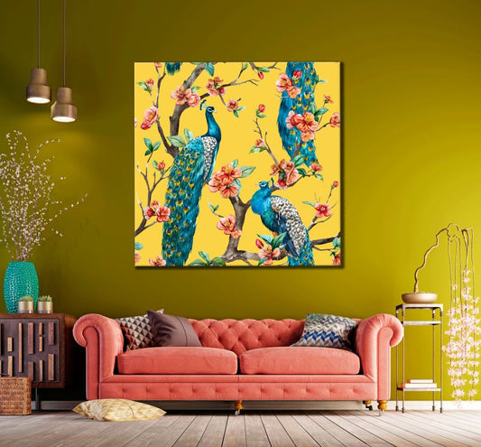 Square Canvas Peacock Birds on Flower Tree Art High Quality Print 100% Australian Made