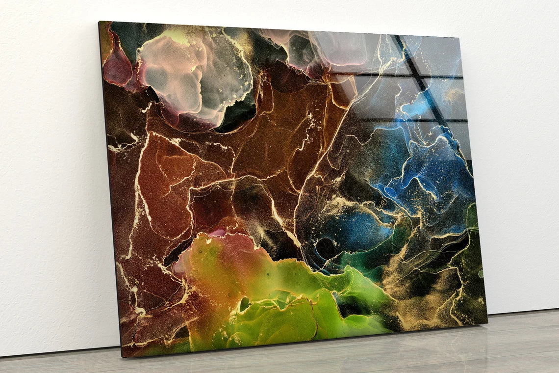 Brown Green Blue & Gold Abstract Design Acrylic Glass Print Tempered Glass Wall Art 100% Made in Australia Ready to Hang