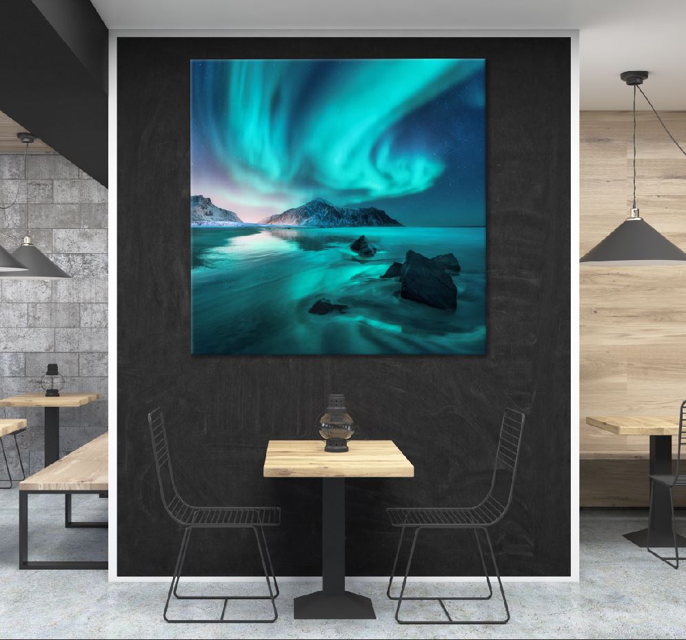 Square Canvas Aurora Sea with Sky Mountains Photograph High Quality Print 100% Australian Made
