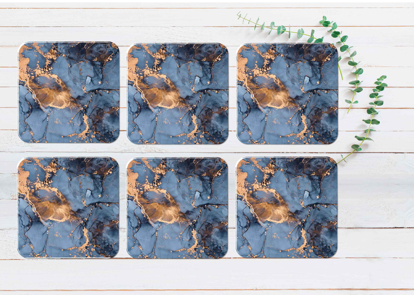 Blue & Gold Splash Marble Abstract Coasters Wood & Rubber - Set of 6 Coasters