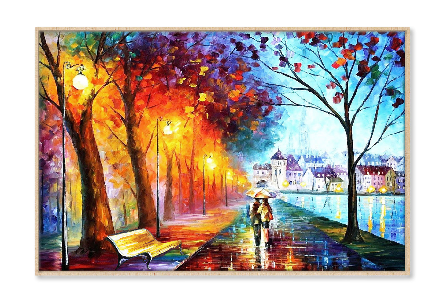 Afremov City Couple near River Trees Park Painting Wall Art Limited Edition High Quality Print Canvas Box Framed Natural