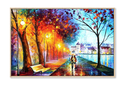 Afremov City Couple near River Trees Park Painting Wall Art Limited Edition High Quality Print Canvas Box Framed Natural