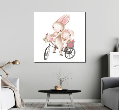 Square Canvas Cute Rabbit Cycling Painting High Quality Print 100% Australian Made