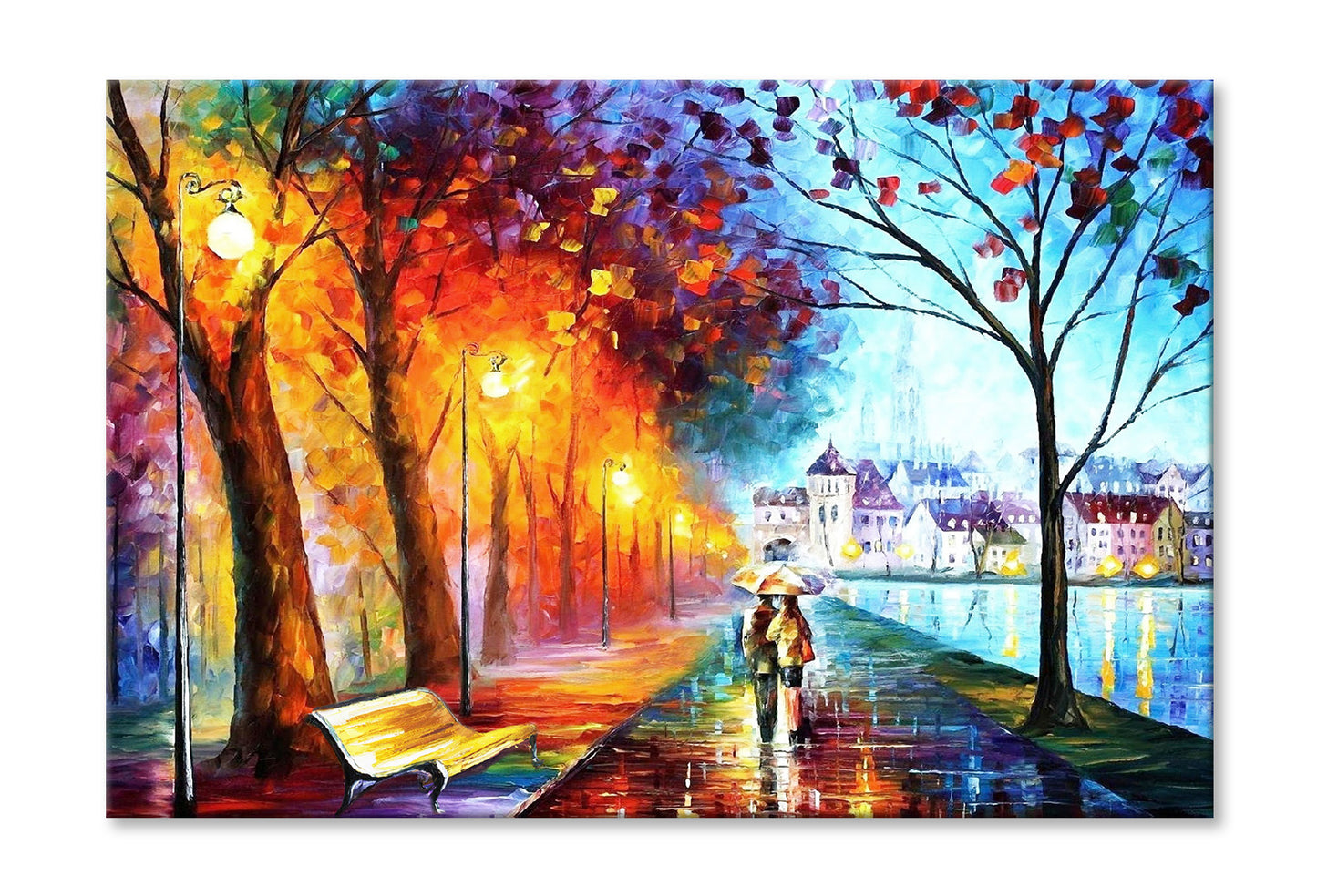 Afremov City Couple near River Trees Park Painting Wall Art Limited Edition High Quality Print Stretched Canvas None