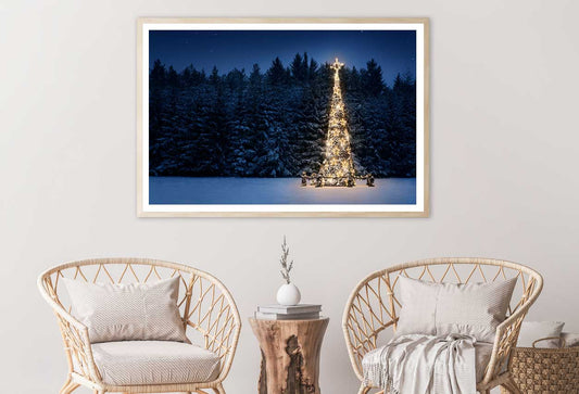 Christmas Tree on Snow at Night View Photograph Home Decor Premium Quality Poster Print Choose Your Sizes