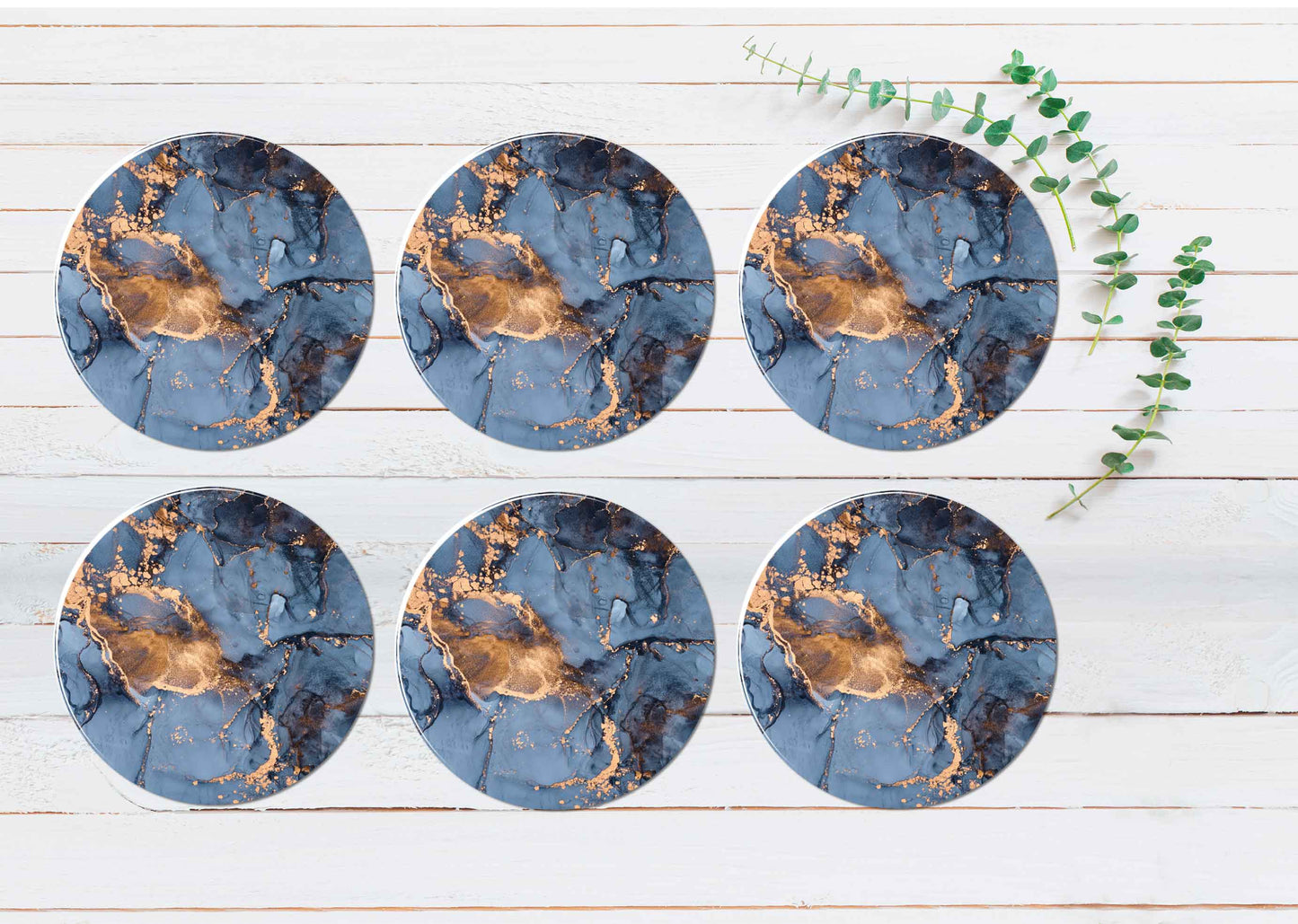 Blue & Gold Splash Marble Abstract Coasters Wood & Rubber - Set of 6 Coasters