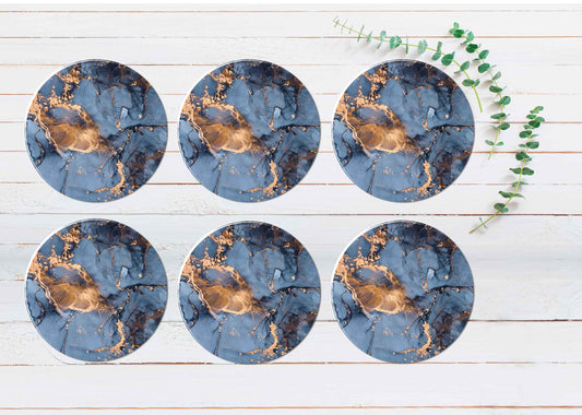 Blue & Gold Splash Marble Abstract Coasters Wood & Rubber - Set of 6 Coasters