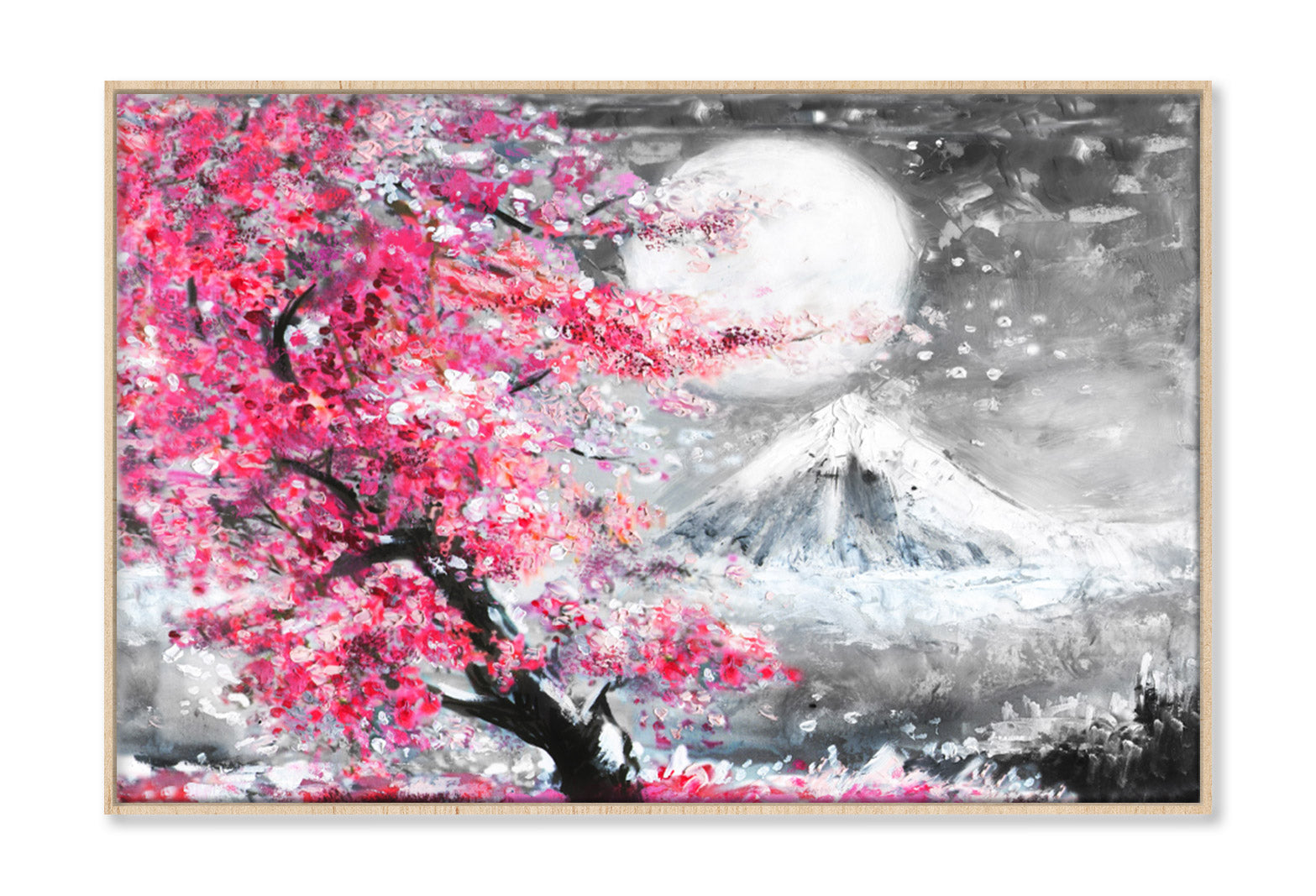 Blossom Pink Trees near Snow Mountain Painting Wall Art Limited Edition High Quality Print Canvas Box Framed Natural